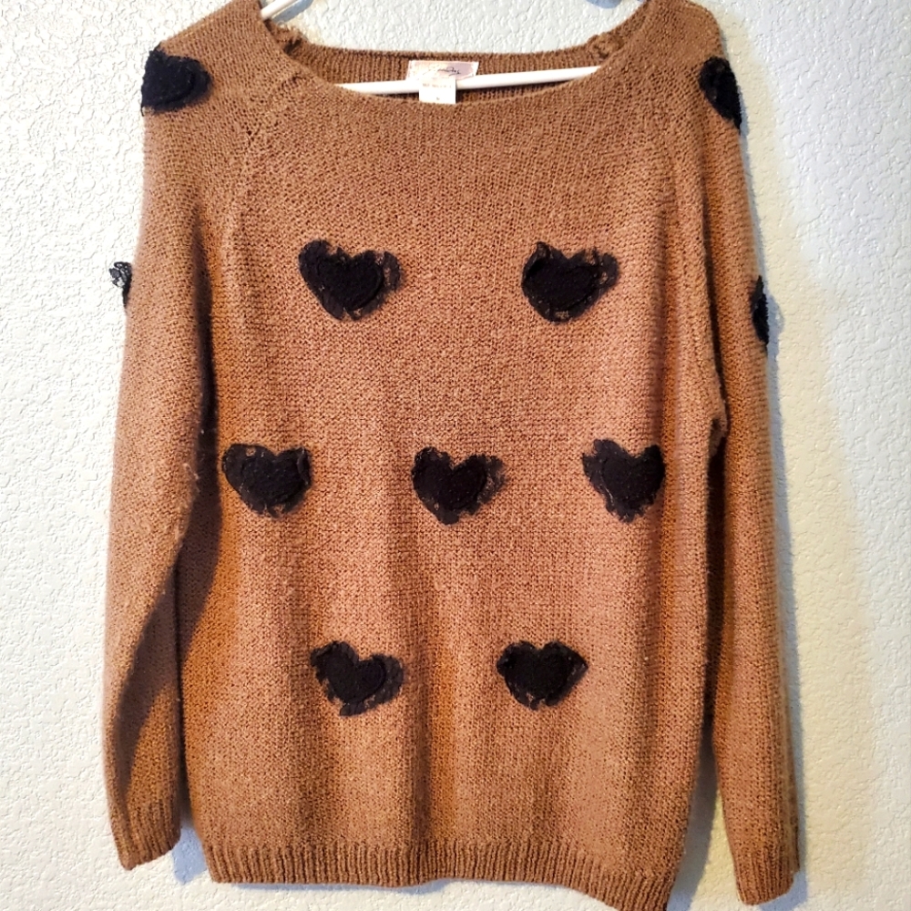 Dillard's oversized brown knitted sweater with black lace hearts size small